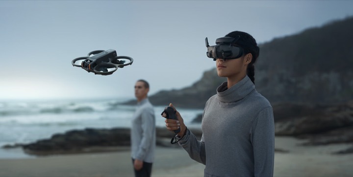 A pilot wearing first person view goggles